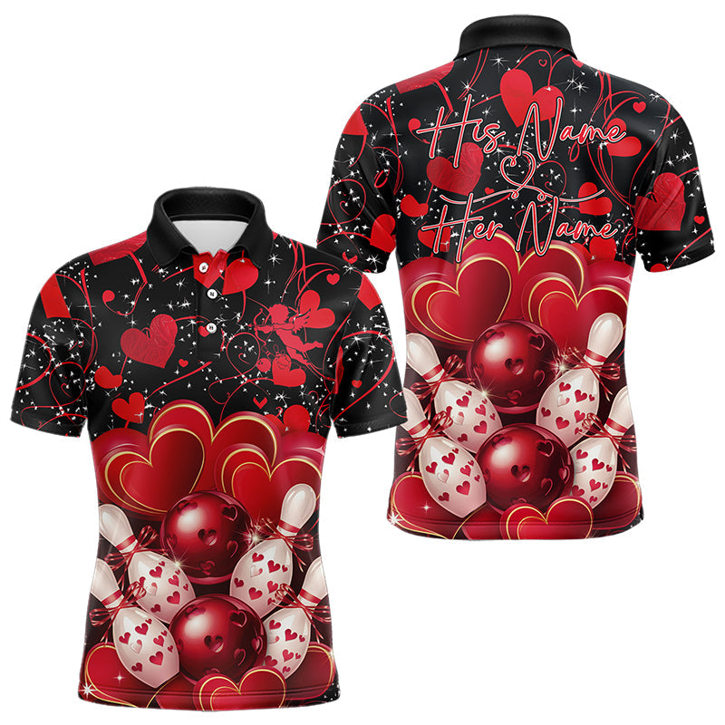 Black And Red Custom Valentines Day Bowling Polo Shirts For Men, Bowling Couple Shirt IPHW8327