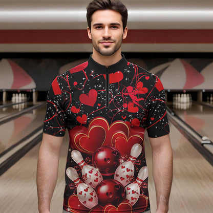 Black And Red Custom Valentines Day Bowling Quarter-Zip Shirts For Men, Bowling Couple Shirt IPHW8327