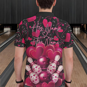 Black And Pink Custom Valentines Day Bowling Polo Shirts For Men, Bowling Couple Shirt IPHW8328