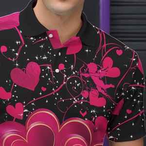 Black And Pink Custom Valentines Day Bowling Polo Shirts For Men, Bowling Couple Shirt IPHW8328