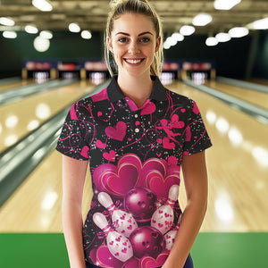 Black And Pink Custom Valentines Day Bowling Polo Shirts For Women, Bowling Couple Shirt IPHW8328