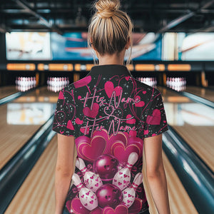 Black And Pink Custom Valentines Day Bowling Polo Shirts For Women, Bowling Couple Shirt IPHW8328