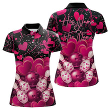 Load image into Gallery viewer, Black And Pink Custom Valentines Day Bowling Polo Shirts For Women, Bowling Couple Shirt IPHW8328