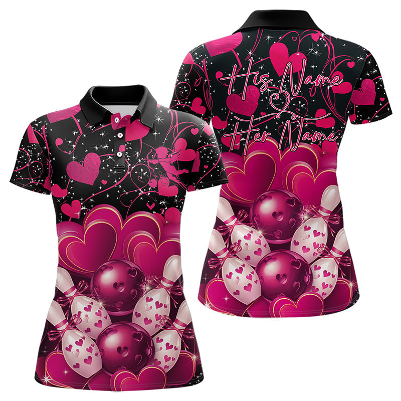 Black And Pink Custom Valentines Day Bowling Polo Shirts For Women, Bowling Couple Shirt IPHW8328