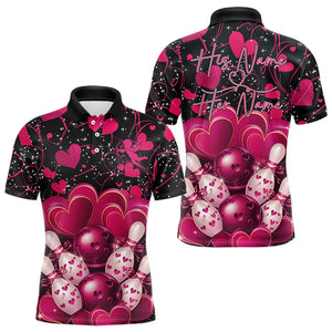 Black And Pink Custom Valentines Day Bowling Polo Shirts For Men, Bowling Couple Shirt IPHW8328