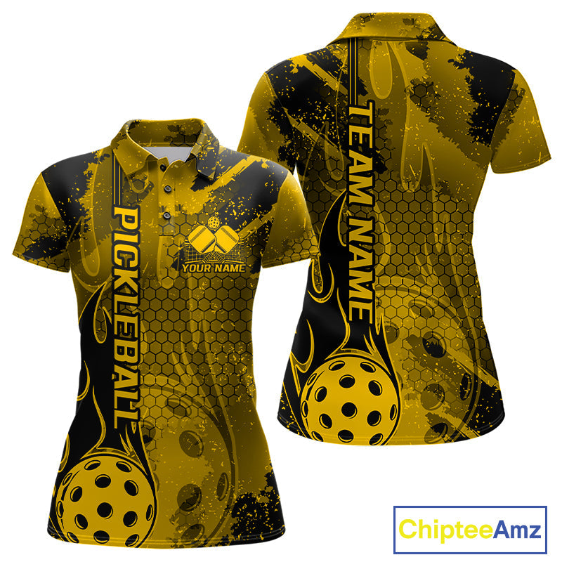 Black And Yellow Flame Custom Pickleball Polo Shirts For Women, Team Pickleball Jerseys IPHW9300