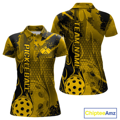Black And Yellow Flame Custom Pickleball Polo Shirts For Women, Team Pickleball Jerseys IPHW9300