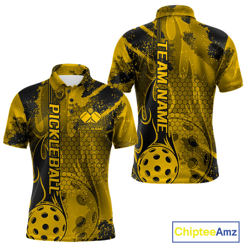 Black And Yellow Flame Custom Pickleball Polo Shirts For Men, Team Pickleball Jerseys IPHW9300