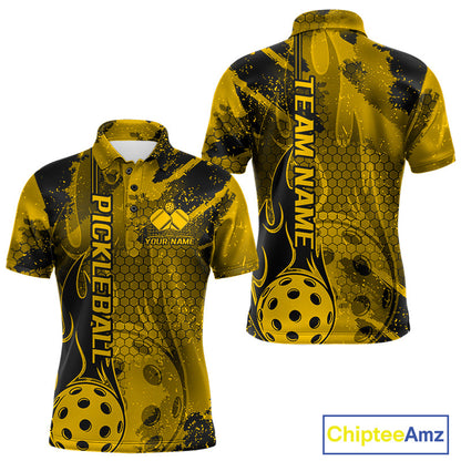 Black And Yellow Flame Custom Pickleball Polo Shirts For Men, Team Pickleball Jerseys IPHW9300