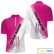 Load image into Gallery viewer, Front and back men’s bowling quarter zip shirt mockup featuring bowling ball and pins graphics within a pink and white diagonal layout.
