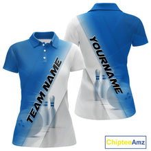 Load image into Gallery viewer, Front and back women’s polo shirt mockup with bowling ball and pins artwork incorporated into a blue and white diagonal layout.