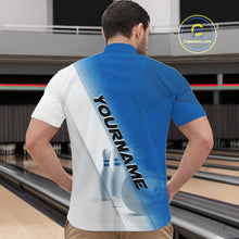 Load image into Gallery viewer, Front view male model at a bowling lane wearing a quarter zip shirt with bowling ball and pins incorporated into a blue and white diagonal layout.