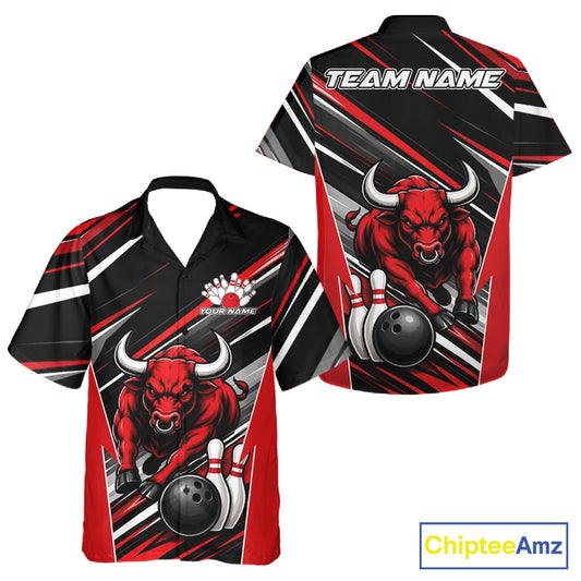 Custom bowling-themed short-sleeve button-up shirt shown in front and back views. The design features a red bull graphic, bowling pins, bowling balls, and dynamic black, red, and white stripes.