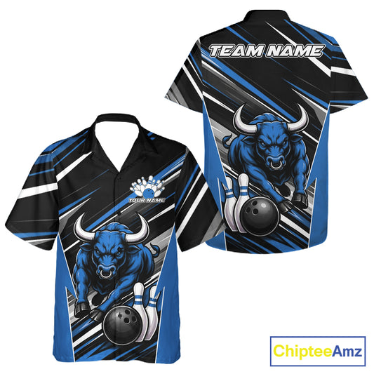 Custom bowling button up shirt shown in front and back views, featuring a blue bull graphic, bowling pins, and bowling balls on a black and blue striped background.