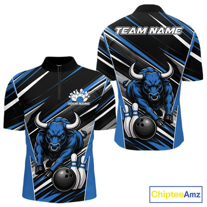 Custom Black And Blue Bull Bowling Team Men Quarter Zip Shirt, Bull Bowling Jerseys IPHW11815