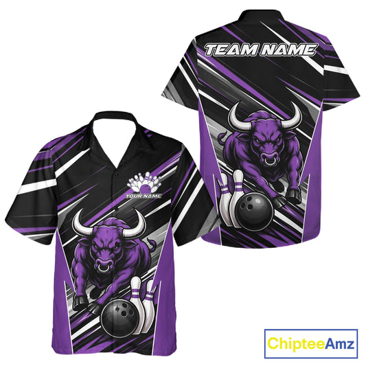 Custom bowling button up shirt shown in front and back views, featuring a purple bull graphic, bowling pins, and bowling balls on a black and purple striped background. 