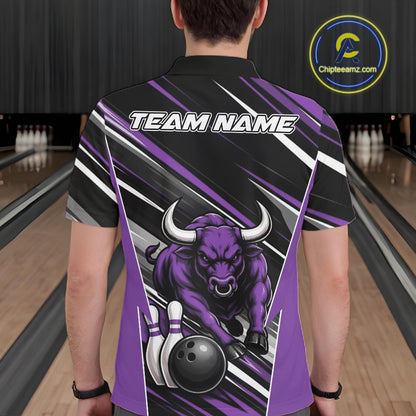 Custom Black And Purple Bull Bowling Team Men Polo Shirt, Bull Bowling Jerseys IPHW11816