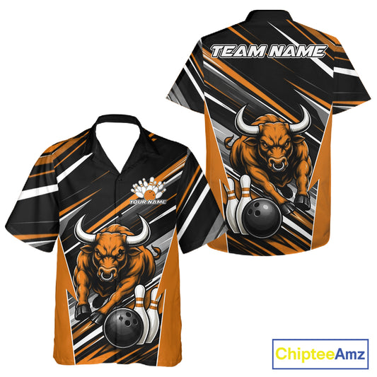 Front and back views of a short-sleeve bowling-themed button up shirt. The design features a large orange bull graphic chasing bowling pins, with orange, black, and white diagonal stripes.