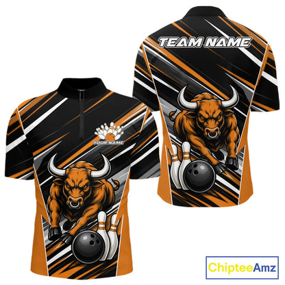 Custom Black And Orange Bull Bowling Team Men Quarter Zip Shirt, Bull Bowling Jerseys IPHW11817