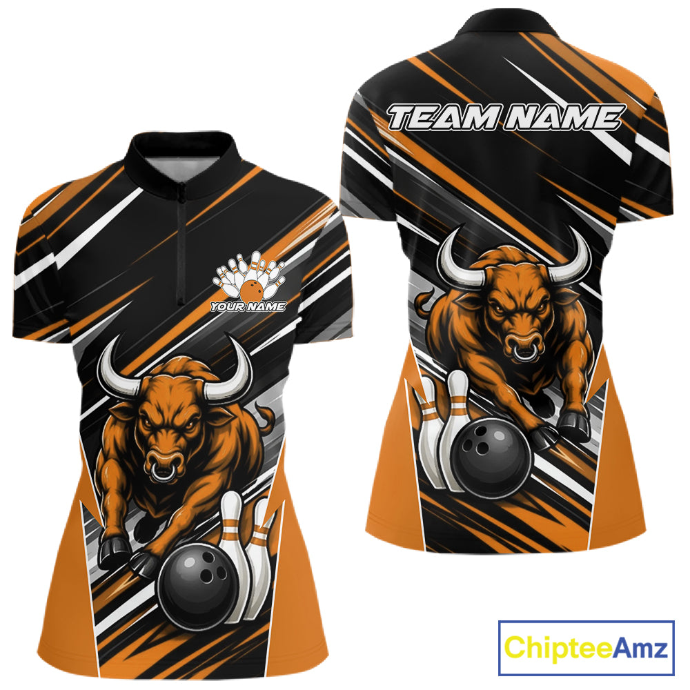 Custom Black And Orange Bull Bowling Team Women Quarter-Zip Shirt, Bull Bowling Jerseys IPHW11817