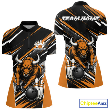 Custom Black And Orange Bull Bowling Team Women Quarter-Zip Shirt, Bull Bowling Jerseys IPHW11817