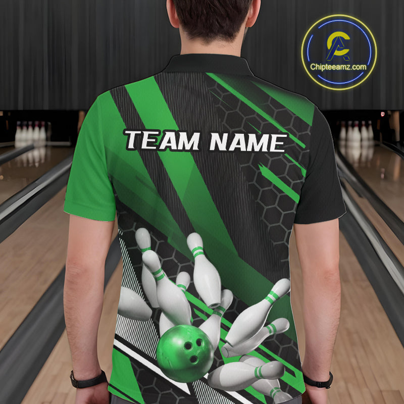 Custom Black And Green Bowling Team Jerseys, Striking Bowling League Polo Shirt For Men IPHW9808