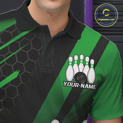 Custom Black And Green Bowling Team Jerseys, Striking Bowling League Polo Shirt For Men IPHW9808