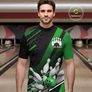 Custom Black And Green Bowling Team Jerseys, Striking Bowling League Quarter-Zip Shirt For Men IPHW9808