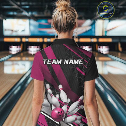 Custom Black And Pink Bowling Team Jerseys, Striking Bowling League Polo Shirt For Women IPHW9810