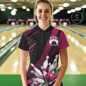 Custom Pink Bowling Team Jerseys, Striking Bowling League Quarter-Zip Shirt For Women IPHW9810