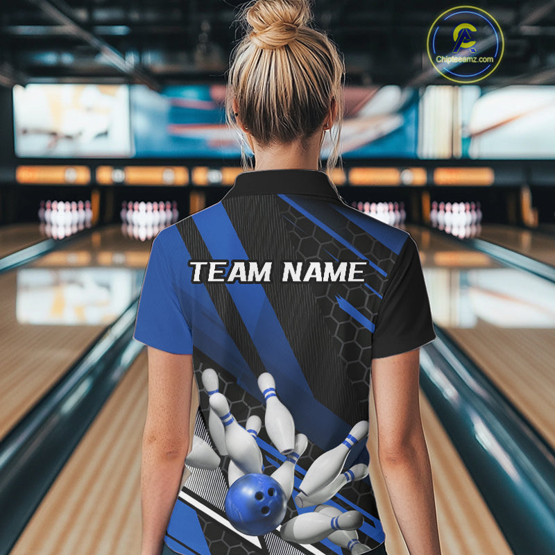 Custom Black And Blue Bowling Team Jerseys, Striking Bowling League Polo Shirt For Women IPHW9811