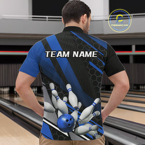 Custom Black And Blue Bowling Team Jerseys, Striking Bowling League Quarter-Zip Shirt For Men IPHW9811