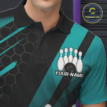 Custom Black And Turquoise Blue Bowling Team Jersey, Striking Bowling League Men Polo Shirt IPHW9812