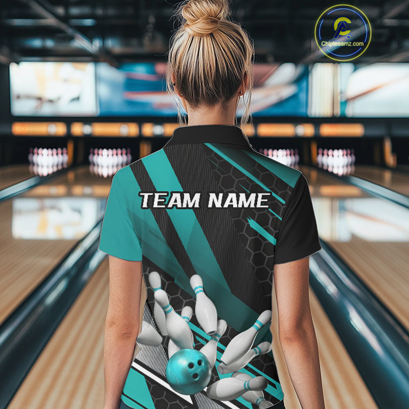 Custom Black And Turquoise Blue Bowling Team Jersey, Bowling League Women Polo Shirt IPHW9812