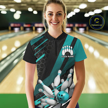 Load image into Gallery viewer, Custom Turquoise Blue Bowling Team Jersey, Bowling League Women Quarter-Zip Shirt IPHW9812