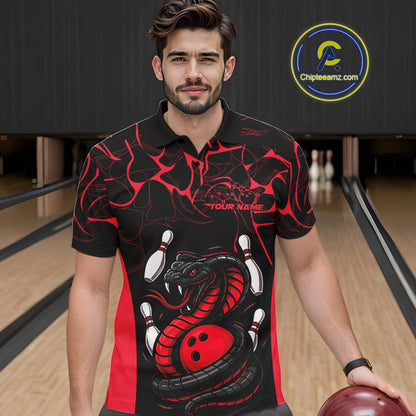 Custom Black And Red Cobra Snake Bowling Jerseys, Bowling Team Men Polo Shirts IPHW9813