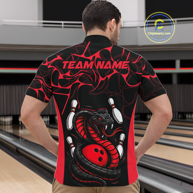 Custom Black And Red Cobra Snake Bowling Jerseys, Bowling Team Men Quarter-Zip Shirts IPHW9813