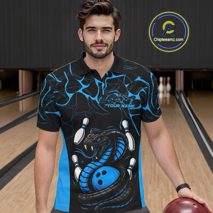 Custom Black And Blue Cobra Snake Bowling Jerseys, Bowling Team Men Polo Shirts IPHW9814