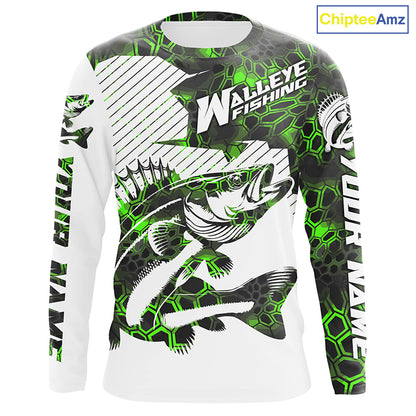 Custom Walleye Fishing Jerseys, Walleye Fishing Long Sleeve Fishing Tournament Shirts | Green Camo IPHW5730