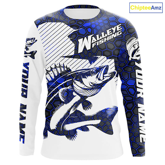 Custom Walleye Fishing Jerseys, Walleye Fishing Long Sleeve Fishing Tournament Shirts | Blue Camo IPHW5731