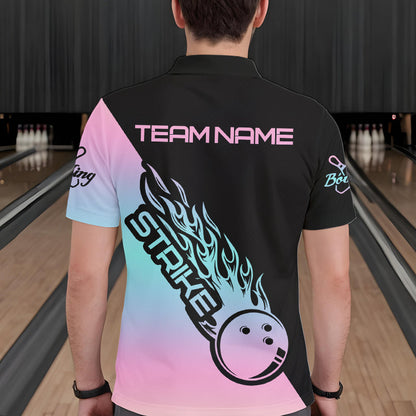 Blue And Pink Custom Strike Bowling Polo Shirts For Men, Bowling Team Shirt Bowler Outfit IPHW8823