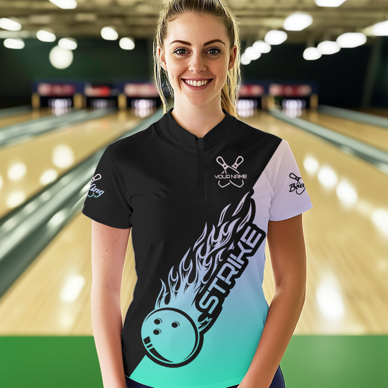 Green And Purple Custom Strike Bowling Women Quarter-Zip Shirts, Bowling Team Bowler Outfit IPHW8824