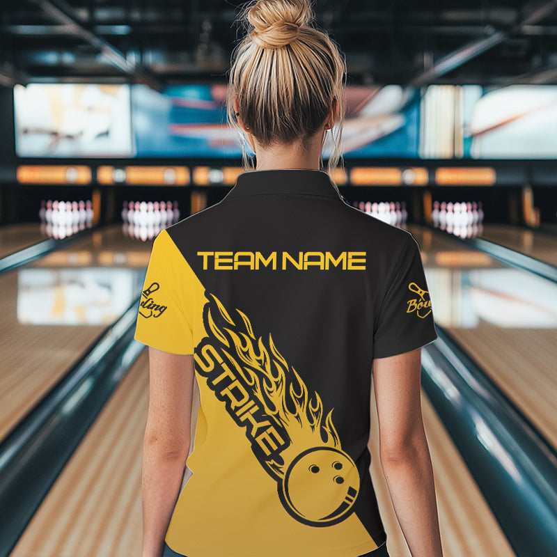 Black And Golden Custom Strike Bowling Women Polo Shirts , Bowling Team Shirt Bowler Outfit IPHW8825