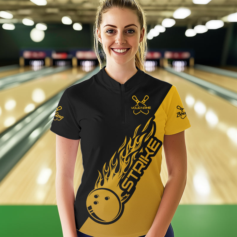 Black And Golden Custom Strike Bowling Women Quarter-Zip Shirts, Bowling Team Bowler Outfit IPHW8825