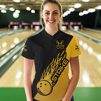 Black And Golden Custom Strike Bowling Women Quarter-Zip Shirts, Bowling Team Bowler Outfit IPHW8825