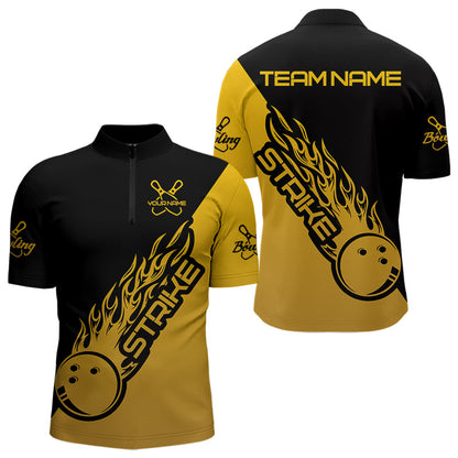 Black And Golden Custom Strike Bowling Quarter-Zip Shirts For Men, Bowling Team Shirt Bowler Outfit IPHW8825