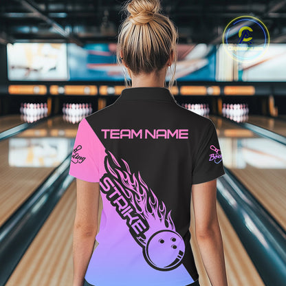 Blue, Purple And Pink Custom Strike Bowling Women Polo Shirts, Bowling Team Bowler Outfit IPHW8826