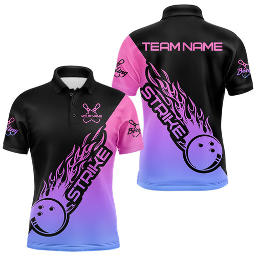 Blue, Purple And Pink Custom Strike Bowling Men Polo Shirts, Bowling Team Shirt Bowler Outfit IPHW8826