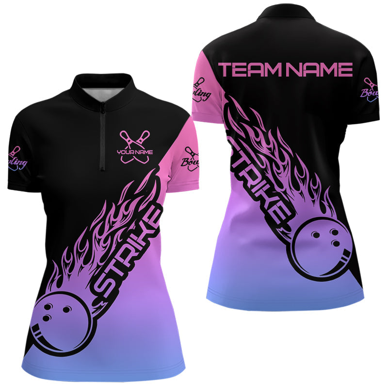 Blue, Purple And Pink Custom Strike Bowling Women Quarter-Zip Shirt, Bowling Team Outfit IPHW8826