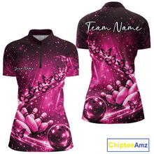 Load image into Gallery viewer, Custom Pink Butterfly Bowling Women Quarter-Zip Team Shirt, Ladies Bowling League Shirt IPHW10901